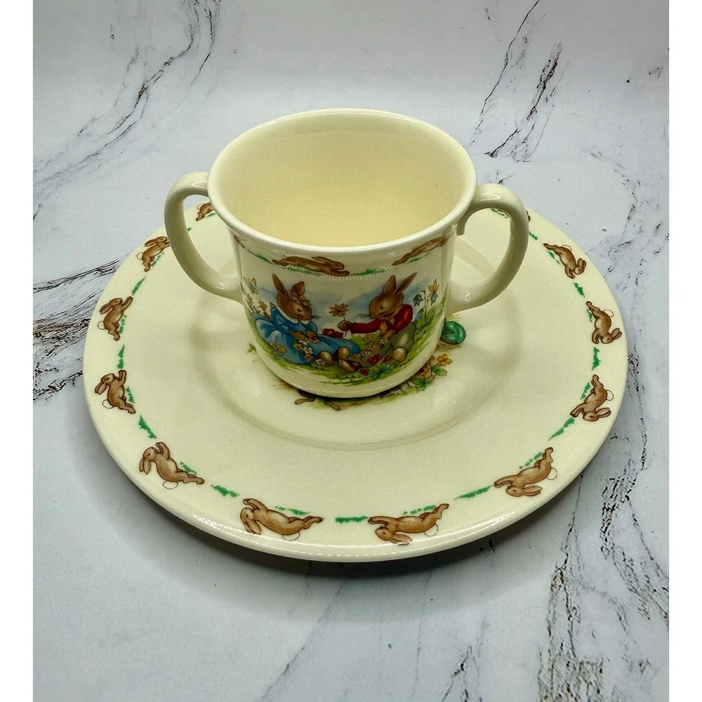 Royal Doulton Bunnykins 2pc Set Two‎ Handled Mug and 8in Plate Fine Bone China